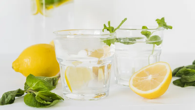 Vasos de agua con rodajas de limón y menta